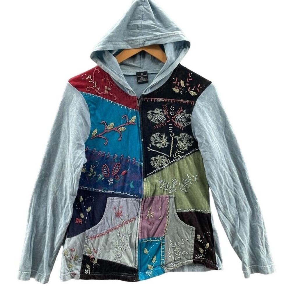 Sacred Threads Jacket Womens M/L Baby Blue Patchwork Embroidered Full Zip Hood - Picture 2 of 10